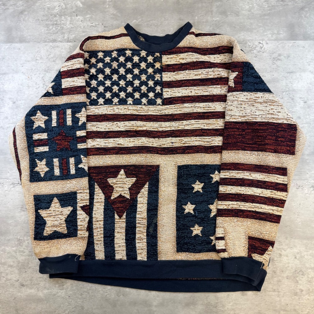 Vintage Sugar Street Weavers American Flag Tapestry Sweater XL Americana Woven